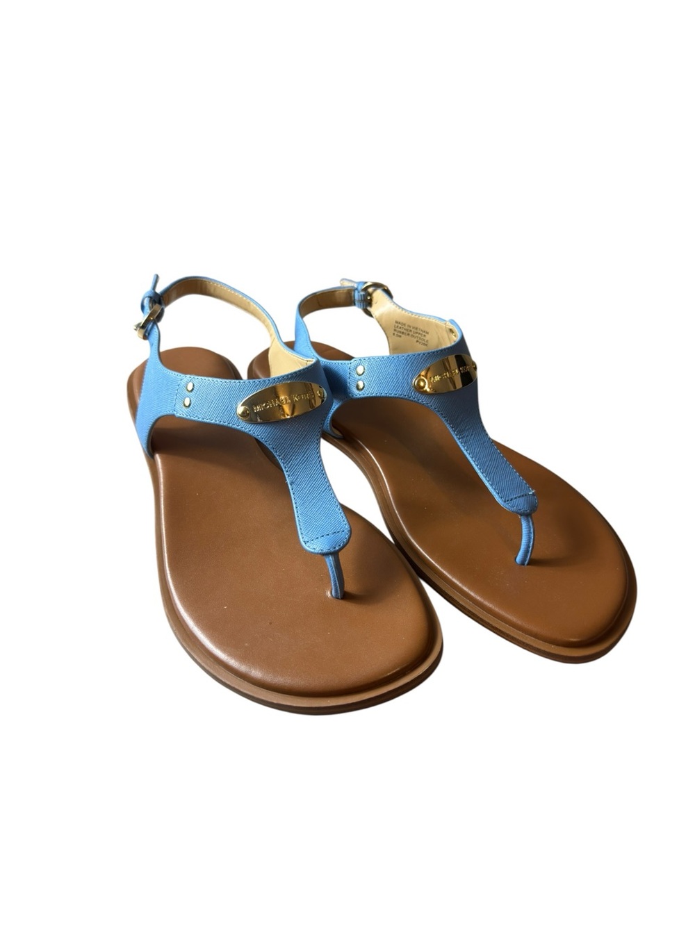 MICHAEL Michael Kors Sky Blue T‑Strap Sandals with Brown Footbed